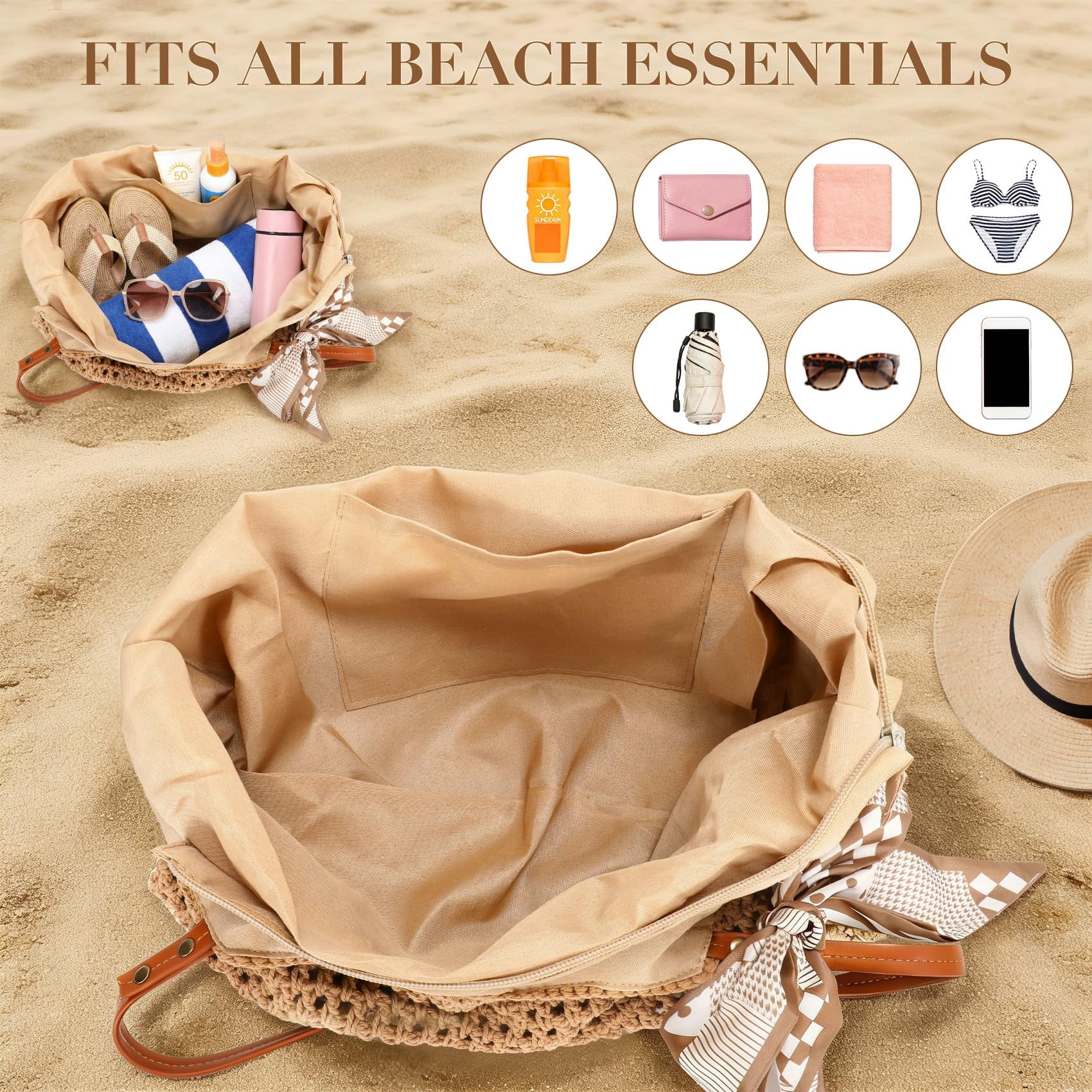 Summer Beach Crochet Bags for Women Knit&Straw Woven Tote Soft Fabric Boho Shoulder Bag for Vacation Shopping