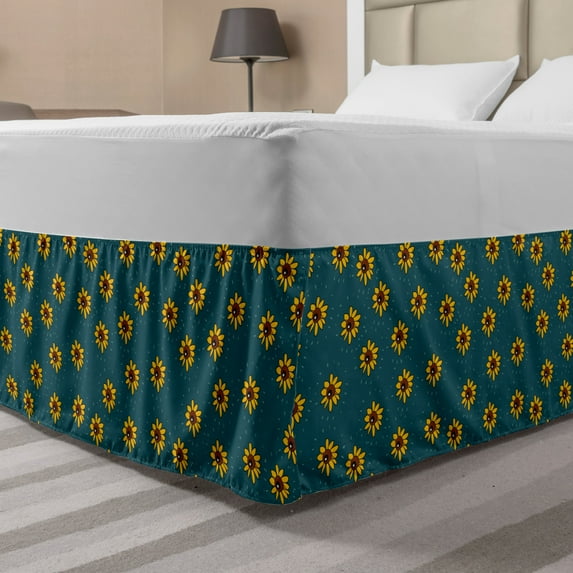 Sunflower Bed Skirt, Graphic Flower Kids Nursery Style Meadow Nature Pattern, Elastic Bedskirt Dust Ruffle Wrap Around for Bedding Decor, 4 Sizes, Dark Teal Yellow, by Ambesonne