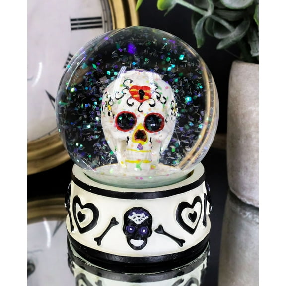 Black And White Hearts And Bones Day of the Dead Sugar Skull Small Water Globe