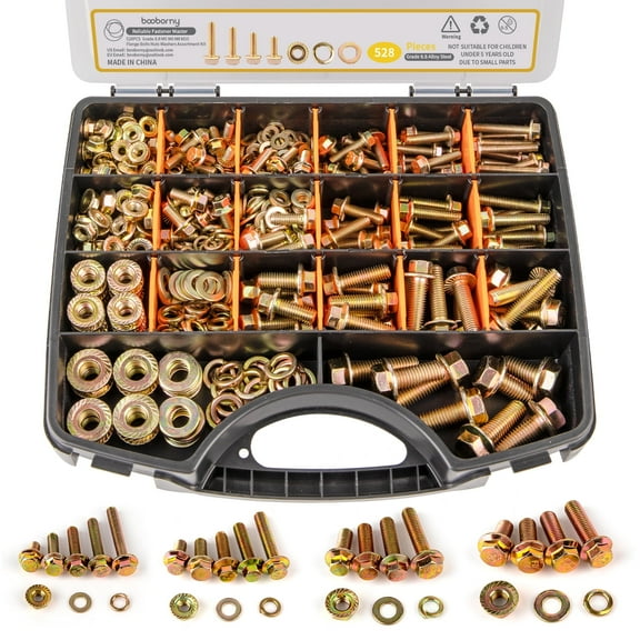 528Pcs Metric Flange Bolts Assortment – 8.8 Grade, M5, M6, M8, M10 (10mm to 35mm) Heavy Duty Hex Bolts and Nuts Kit, Yellow Zinc Plating for Outdoor, Durable Storage Case, Ideal for DIY, Auto