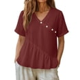 thumbnail image 5 of Paiwinds Women's V-Neck Linen Top Short Sleeve Button Detail Solid Color Casual Blouse with Ruffle Hem for Spring Summer, 5 of 9