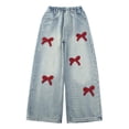 thumbnail image 4 of ZACPNCV Teen Youth Casual Wide Leg Jean Pants for Girls Put On Denim Pants Bow Embroidery Trouser Girl Clothing Blue 13-14 Years, 4 of 9