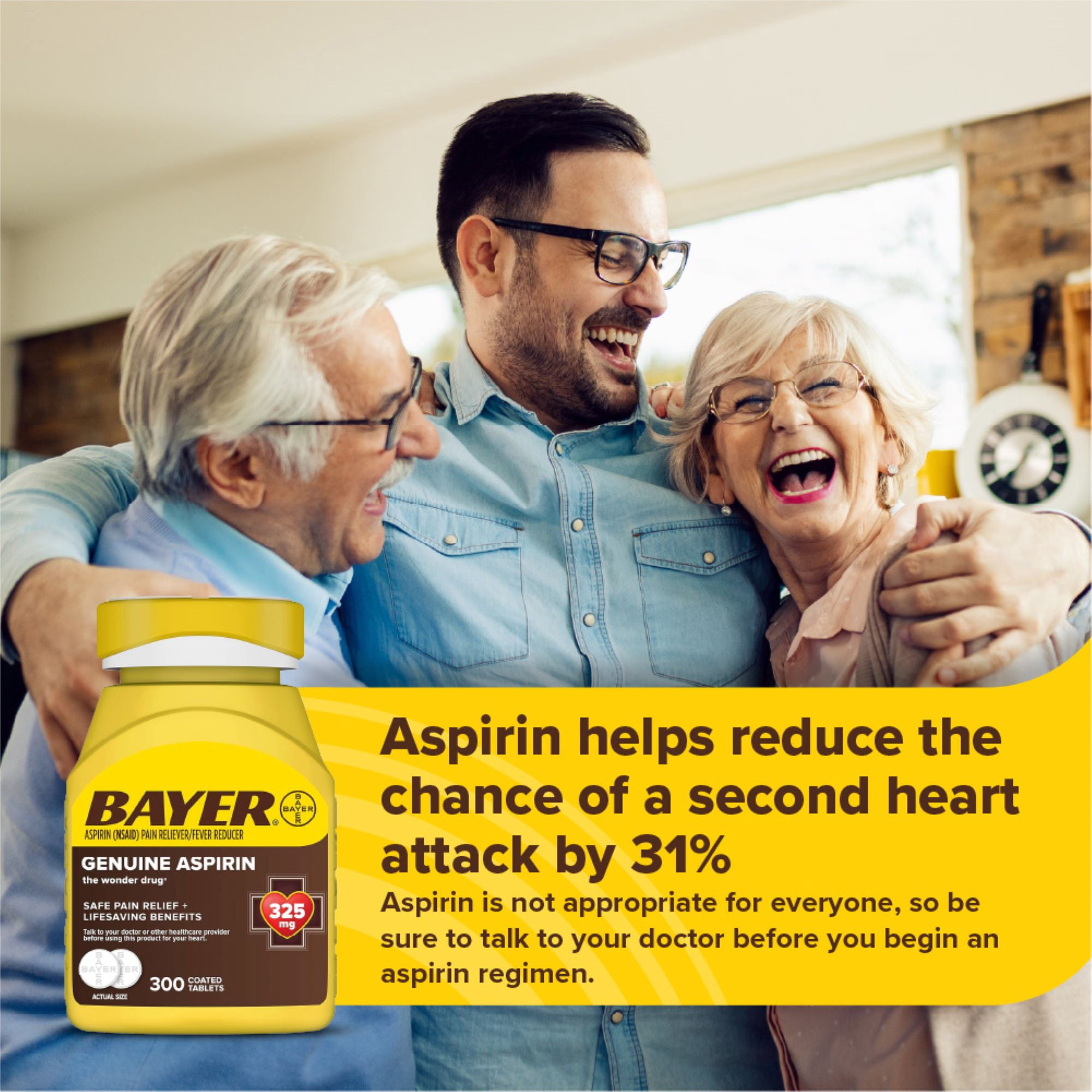 (4 pack) Bayer Genuine Aspirin 325 mg Coated Tablets for Multi-symptom pain relief and Headache Relief, 200 Count