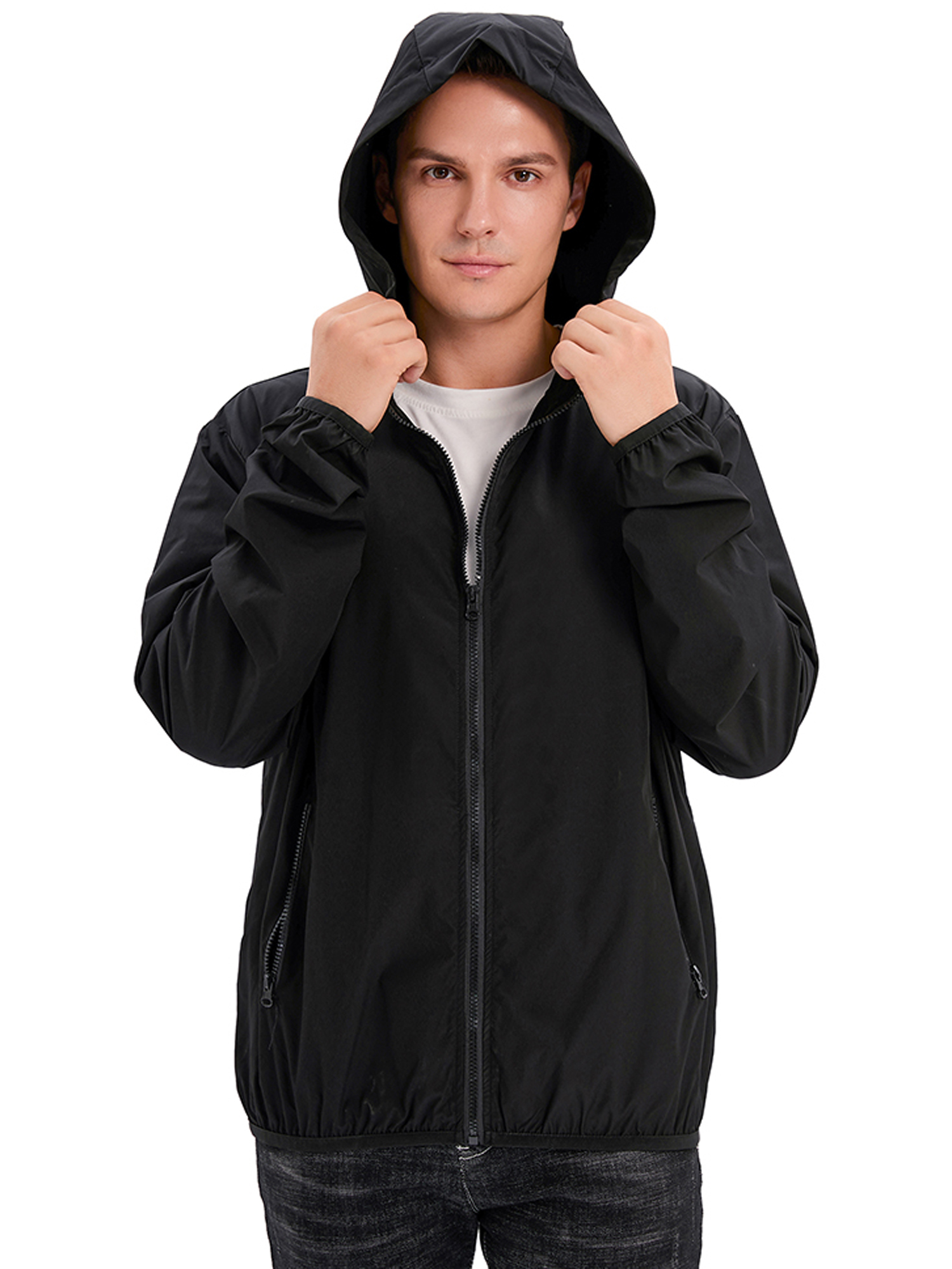 LELINTA Men's Big and Tall Outdoor Lightweight Windbreaker Jacket Hooded Waterproof Rain Jacket Drawstring Hooded Zip-Up Sport Windbreaker, up to Size 8XL, Black/ Grey - image 3 of 7