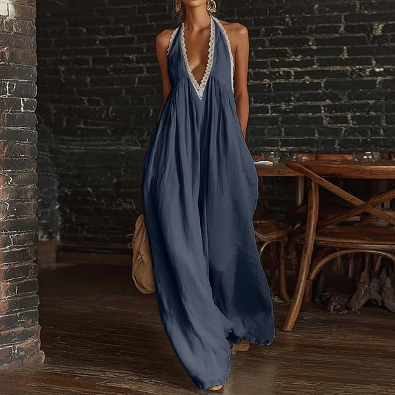 Womens Boho Halter Jumpsuit Lace Trim Deep V Neck Sleeveless Backless Summer Flowy Beach Casual Wide Leg Long Jumpsuit 2XL
