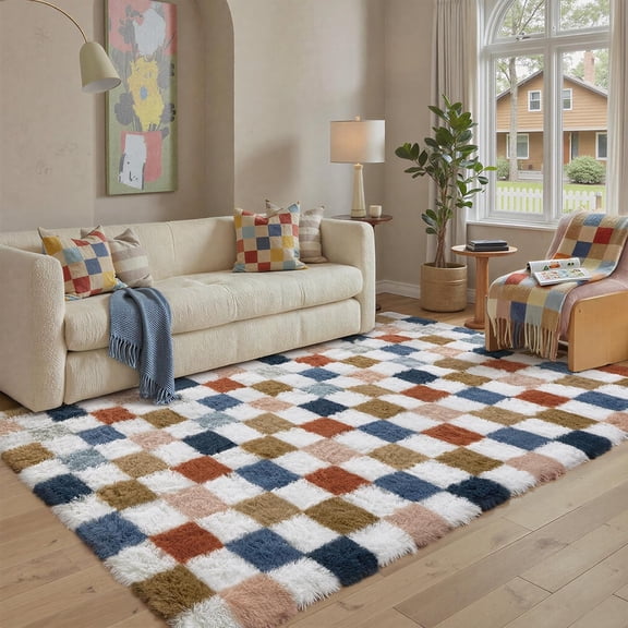 Checkered Shag Area Rug 5 Feet by 8 Feet Rainbow