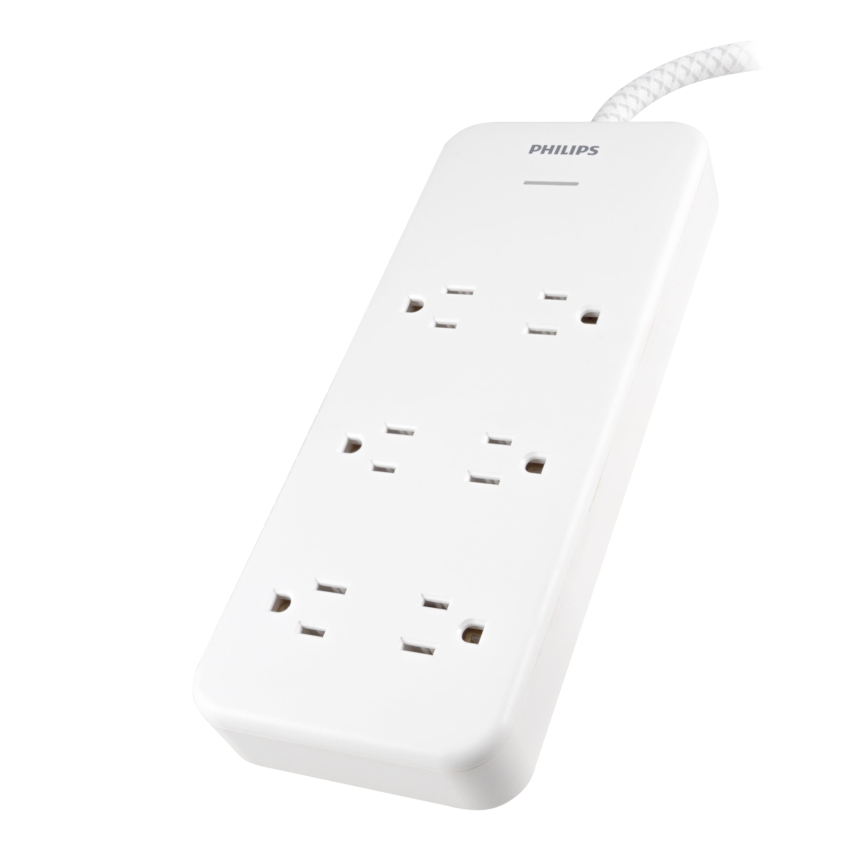 Philips 6-Outlet Surge Protector, 1080J, Adapter-Spaced, 8ft Braided Cord, White, 4pc Tray