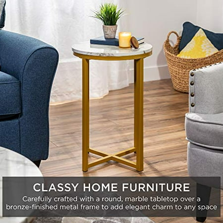 Best Choice S 16in Side Table Faux Marble Round End Modern Small Accent Home Decor For Living Room Dining Tea Coffee W Metal Frame Foot Caps Designer White Bronze Gold Table Faux Marble Round End, Best Round Side Tables
