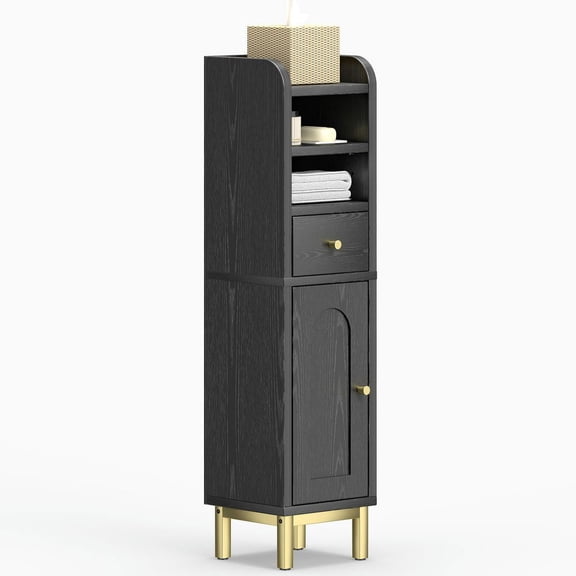 Resenkos Modern Bathroom Storage Cabinet, Corner Floor Organizer with Drawer & Door, Adjustable Shelf Small Storage Stand for Bathroom, Black
