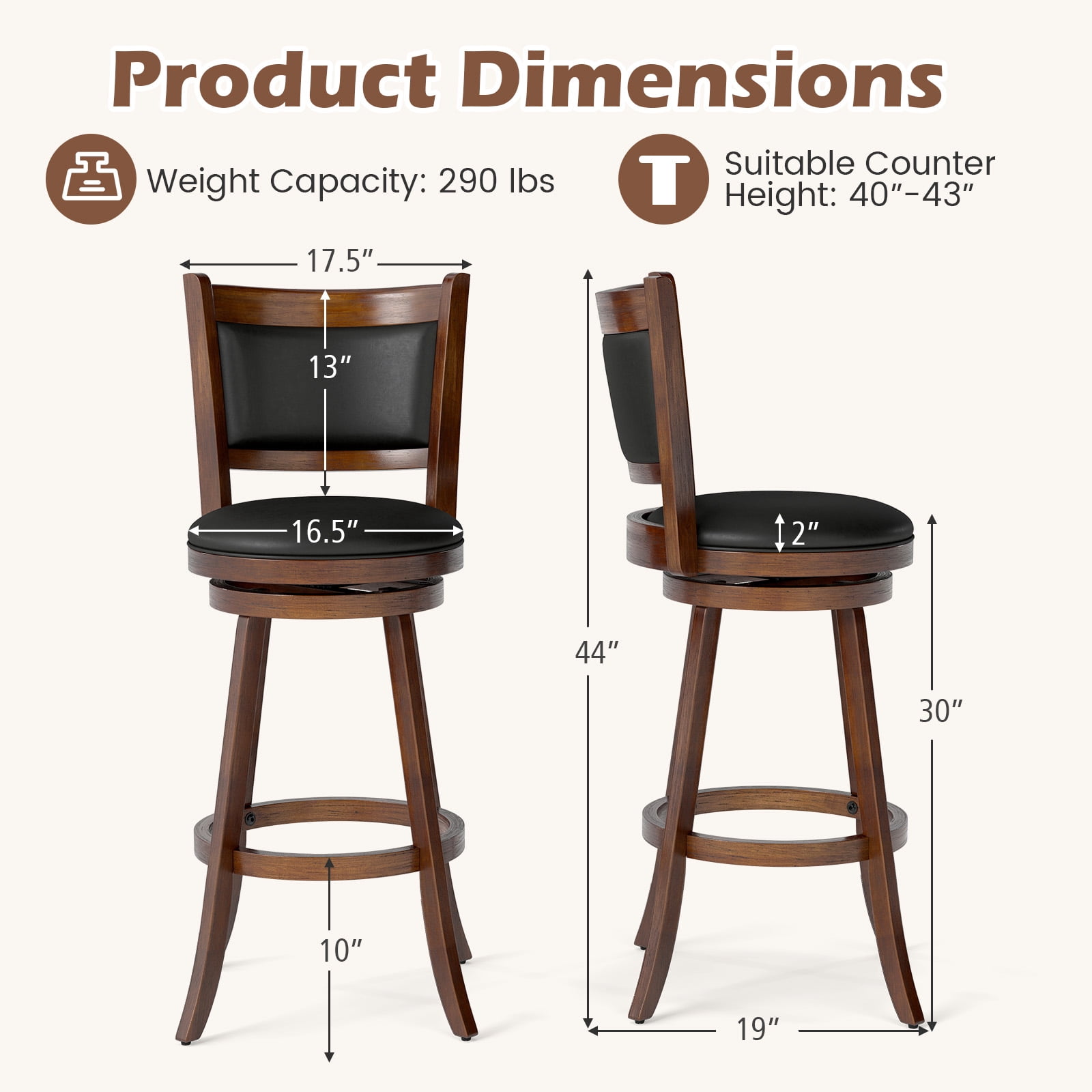 Costway Set of 2 29'' Swivel Bar Height Stool Wood Dining Chair Upholstered Seat Panel Back Espresso