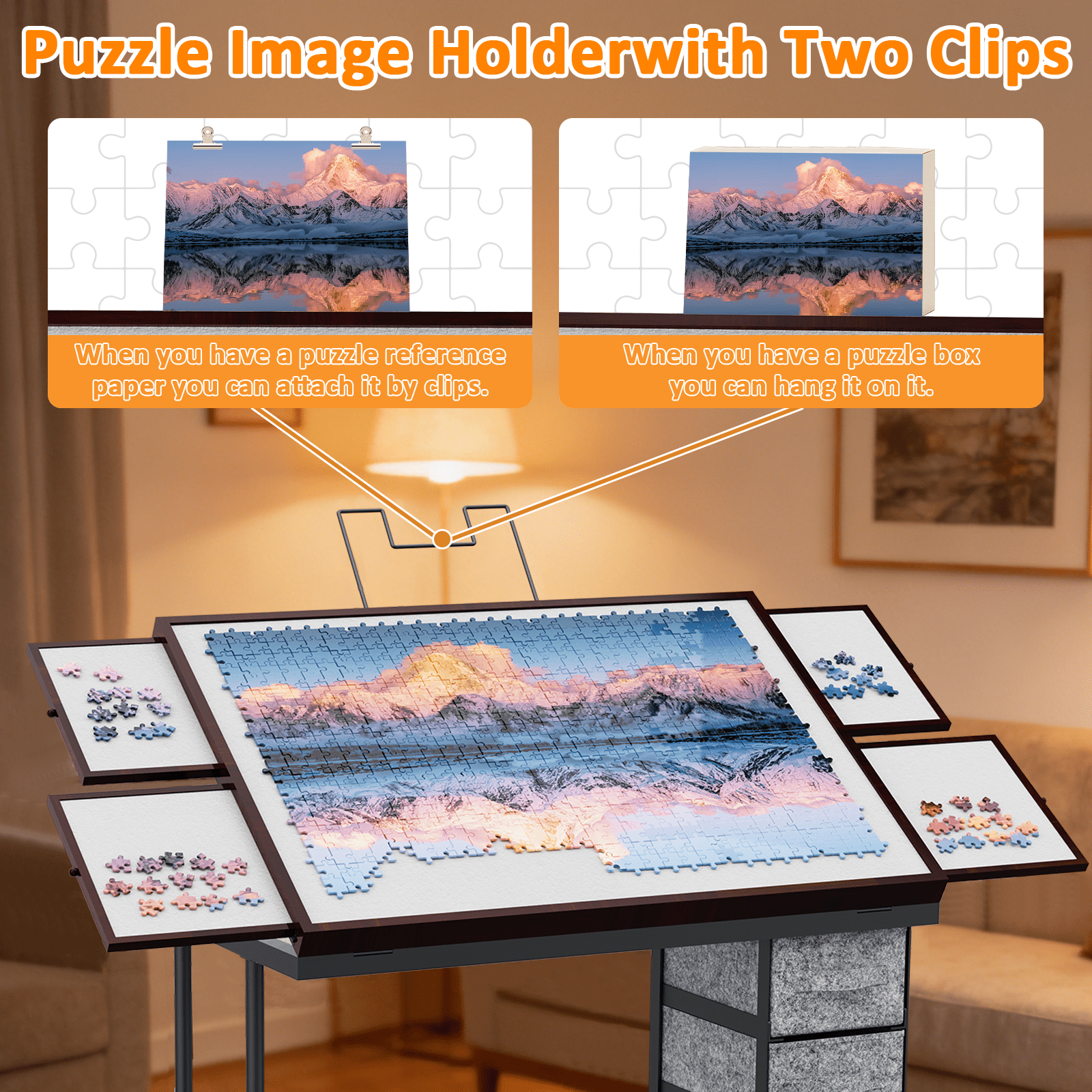 Jigsaw Puzzle Table with Legs and Wheels, Adjustable Height and Angles Puzzle Tables with 6 Drawers for Adults, with Protective Cover, 1500 Pieces, Coffee&Gray