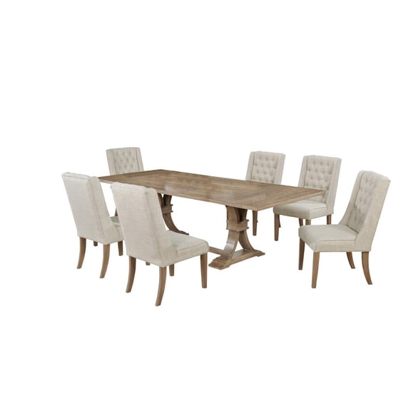 Rustic Natural Wood 7pc Dining Set with Extendable Table Beige Linen Chairs