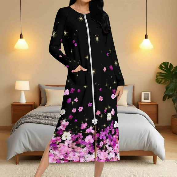 Aboser Lightweight Zip Front Robes for Women Elegant Floral Printed Bathrobe Long Sleeve Full Length Housecoat Soft Loungewear Nightgown with Two Side Pockets Sleepwear