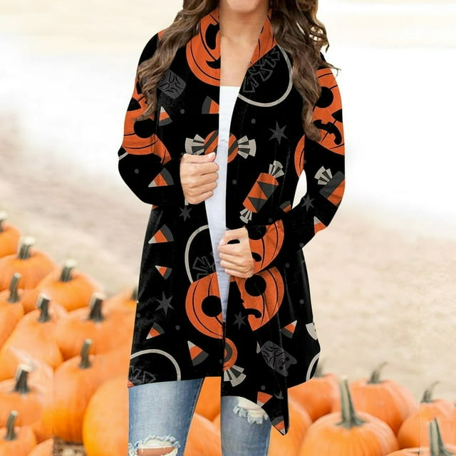 Women‘s Halloween Cardigan Sweater Skull Pumpkin Print Pattern Long Cardigans Sweater Coats Tops Ginger M