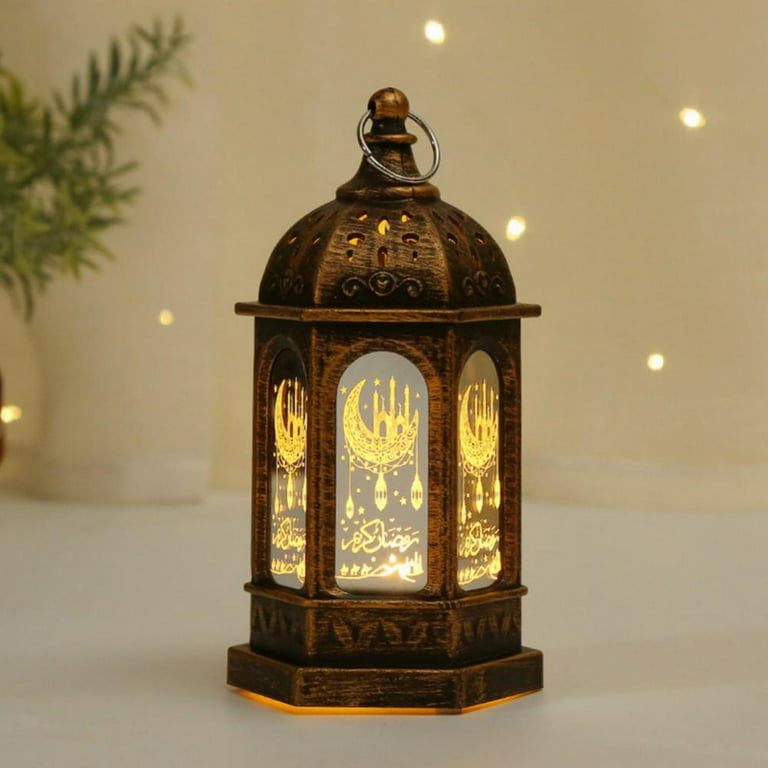 LED Ramadan Mubarak Lantern, Retro Arabian Night Light Ramadan Decoration,  Eid Hollow Metal Art Hanging Lantern Desktop Decor, Muslims Islamic Lamp