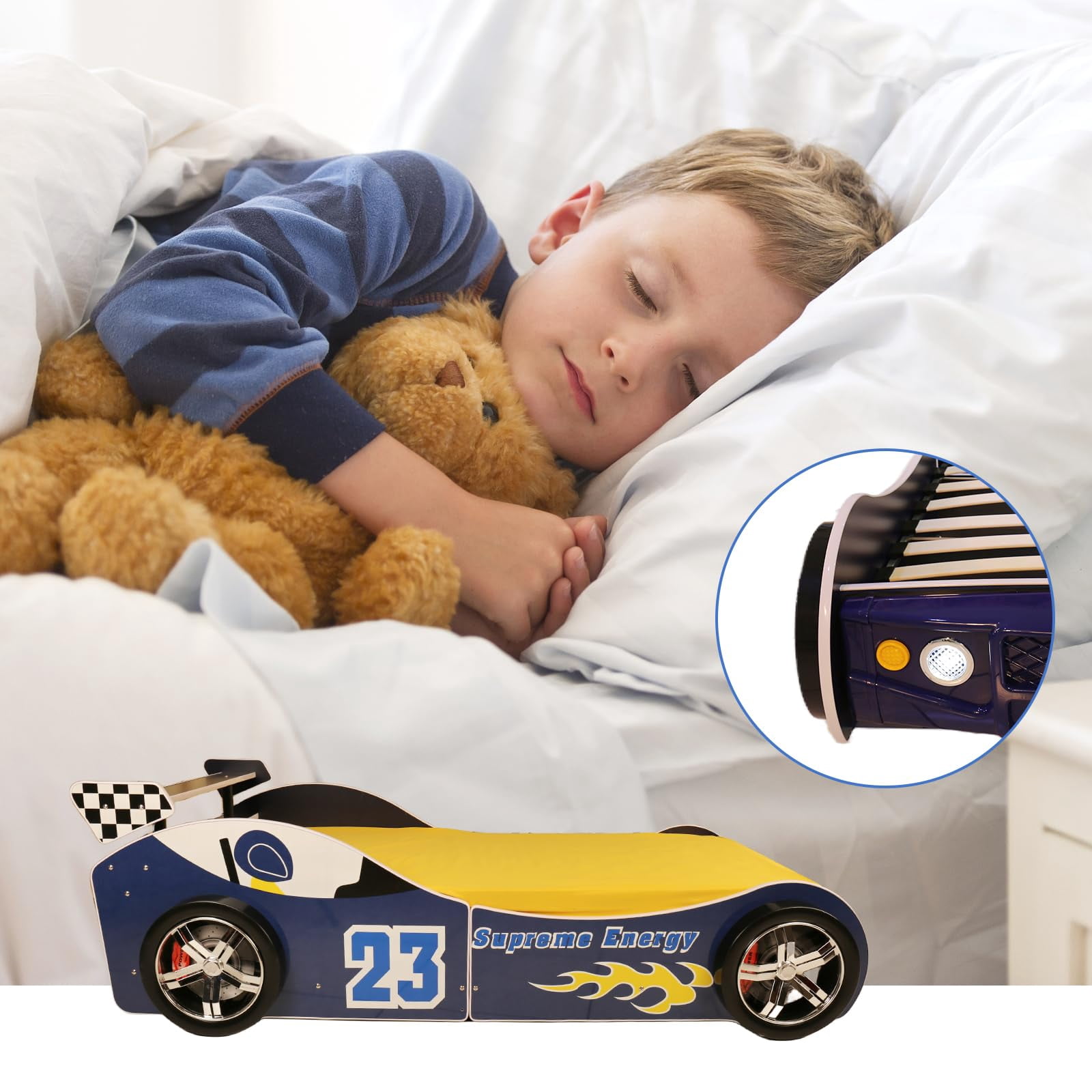 BFJDM Twin-Size Car Bed for Kids, Race Car-Shaped Wooden Platform Bed Frame with Headboard, Wheels for Boys, Toddlers, and Children's Bedrooms Blue
