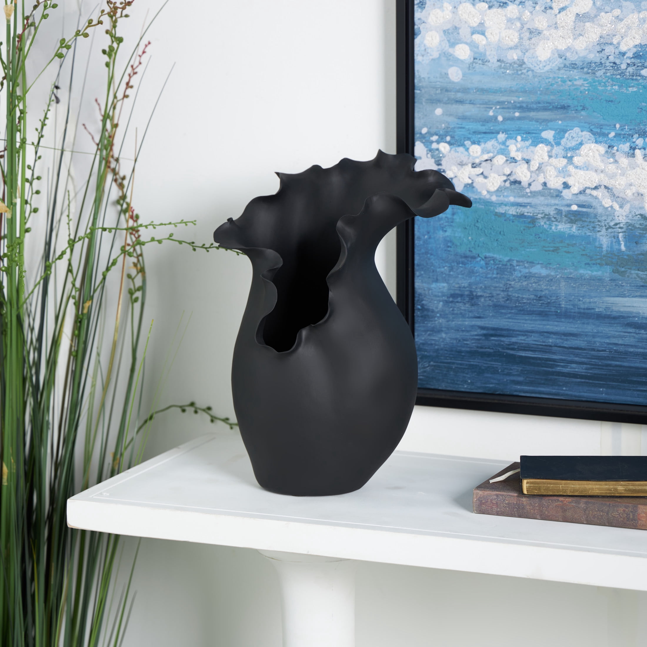 DecMode 16" Abstract Floral Inspired Black Ceramic Vase with Wavy Folded Rim