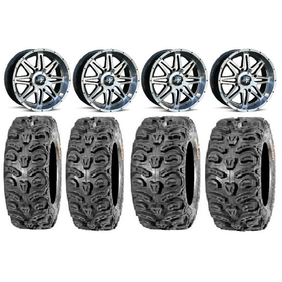 MSA Dark Tint Vibe 14" UTV Wheels 28" Bear Claw HTR Tires Kawasaki Mule Pro FXT