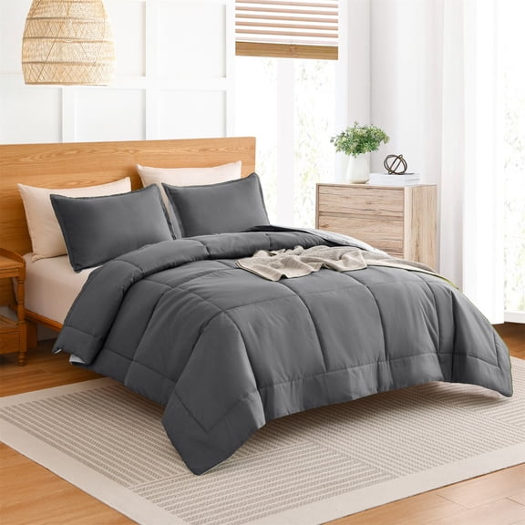 3pc Luxurious Gray Reversible Queen Comforter Set Soft, Comforter With Quilted Duvet Insert,Hypoallergenic