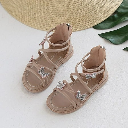 

DancePeanut Kids Strap Back Zipper Beach Sandals For Children Girls Non-Slip Rhinestone Butterfly Summer Gladiator Shoes Size 22-31