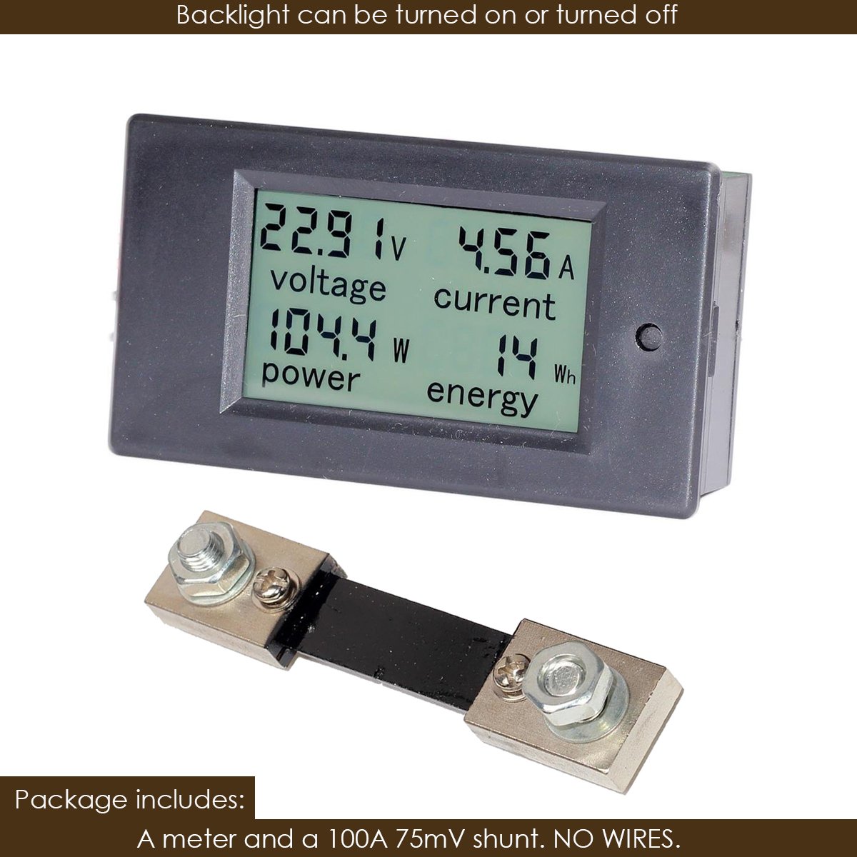 KNACRO DC Power Energy Meter - 6.5-100V 20A, LCD Display With Shunt, Volts/Amps/Watts Monitor