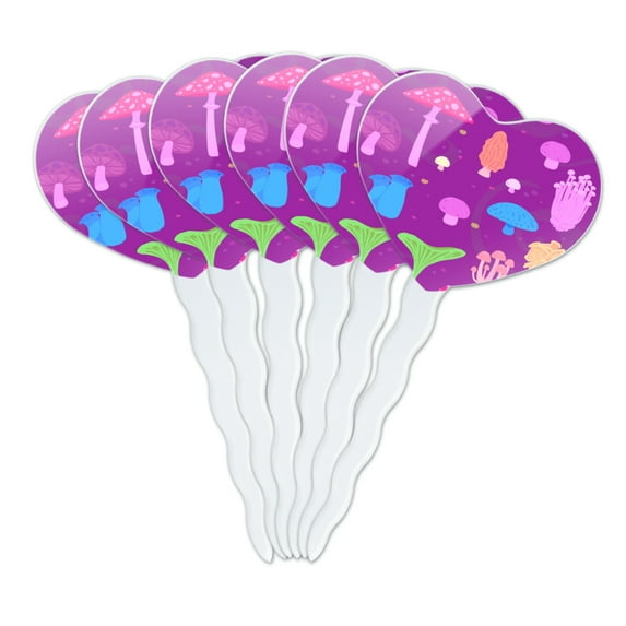 Psychadelic Magic Mushroom Fungi Fungus Pattern Heart Love Cupcake Picks Toppers Decoration Set of 6