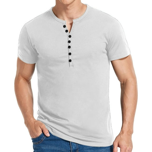 FITORON Casual T-Shirts for Men- Solid Henley Short Sleeve Leisure Top Pullover Comfy Daily Tops Jacket White