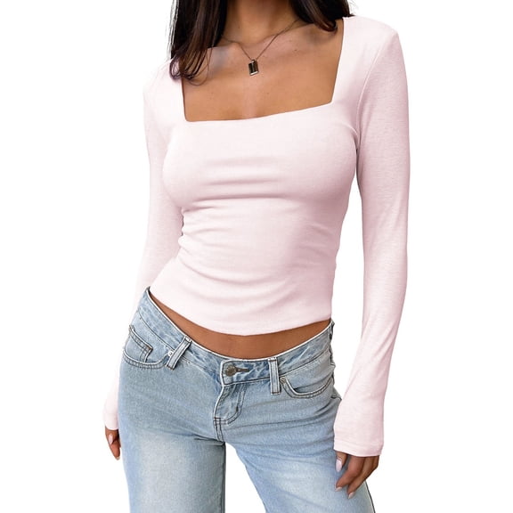 Womens Square Neck T Shirts Long Sleeve Short Sleeve Tops Fitted Tees Light Pink M