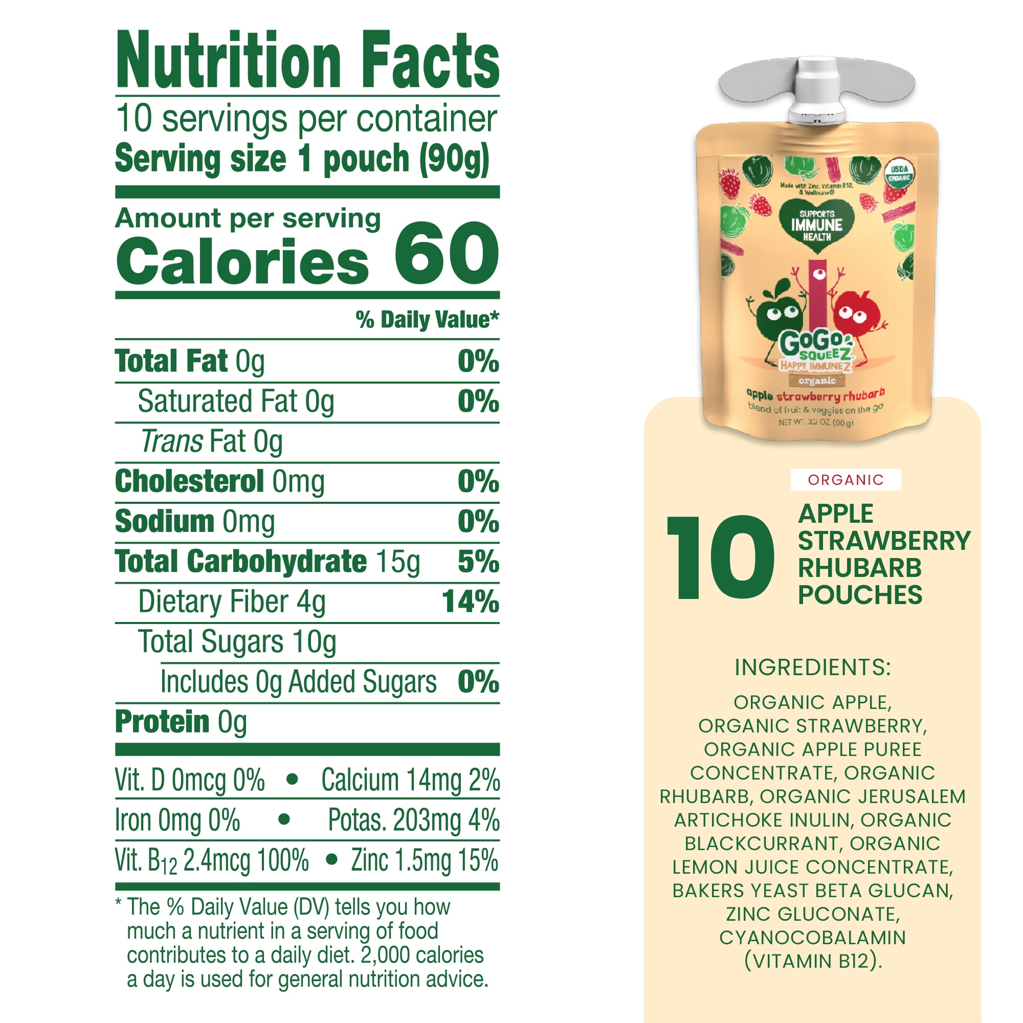 GoGo squeeZ Happy ImmuneZ Apple Strawberry Rhubarb Snack Pouches, 3.2 oz, 10 Pack