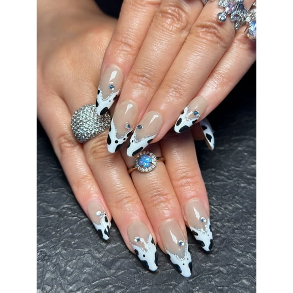 Handmade Press-On Nails - Cow Print with Rhinestones, Long Stiletto Fake Nails, 10pcs Reusable Set for Women