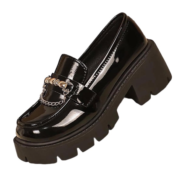 ZACPNCV Women's Matte Leather French Chain Loafers Thick Sole Slip On Round Toe Casual Shoes Chunky Metal Detail