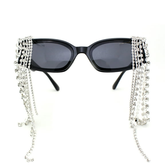 Heavy Dripping Rhinestone Tassel Bling Luxury Rectangle Sunglasses All Black