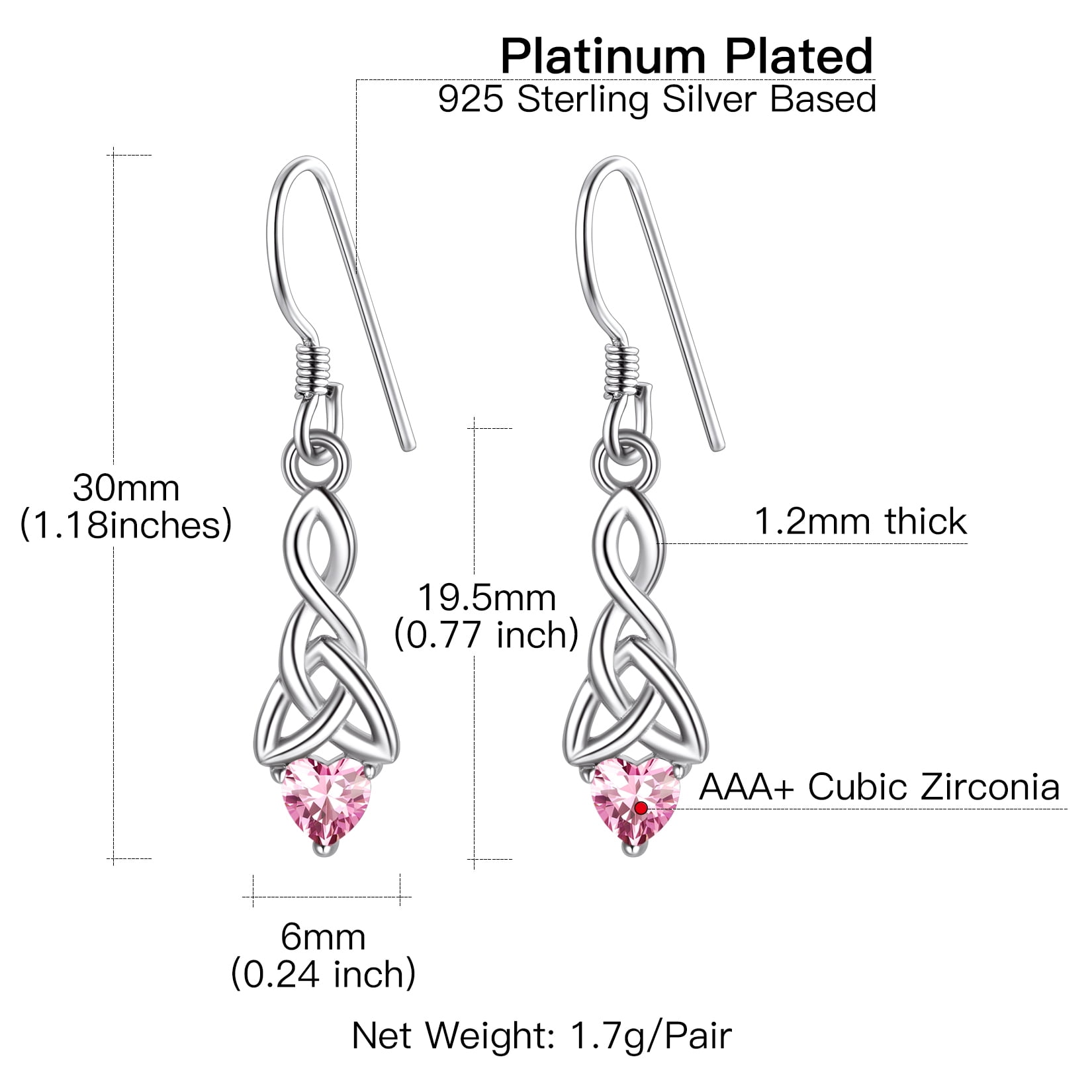 Suplight Silver Celtic Knot Heart Dangle Earrings with Birthstone, Irish Celtic Jewelry for Women