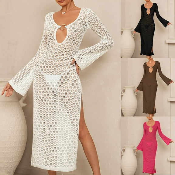 Tqyyweavej Swim Crochet Coverups Dress for Women Hollow Out Sexy Deep V Neck Dresses Long Sleeve Solid Color Slim Beach Cover Up