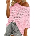 thumbnail image 2 of Womens Summer Scoop Neck Short Sleeve Sweater Casual Crochet Hollow Out Knit Tops Pullover Shirts Beach Coverup Pink M, 2 of 9
