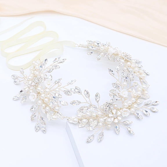 Bridal Headpieces For Women Handmade Wedding Headbands for Bride Hair Accessories Flower-Leaf Bridal Headband Wedding Hair Piece with Pearls (Gold)
