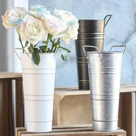 Usloyux Under $5 Galvanized Iron Flower Bucket, Vintage Style Decorative Water Vase, Leak Proof Floral Arrangement Container, Home Decor Storage Bin, Rustic Farmhouse Decor