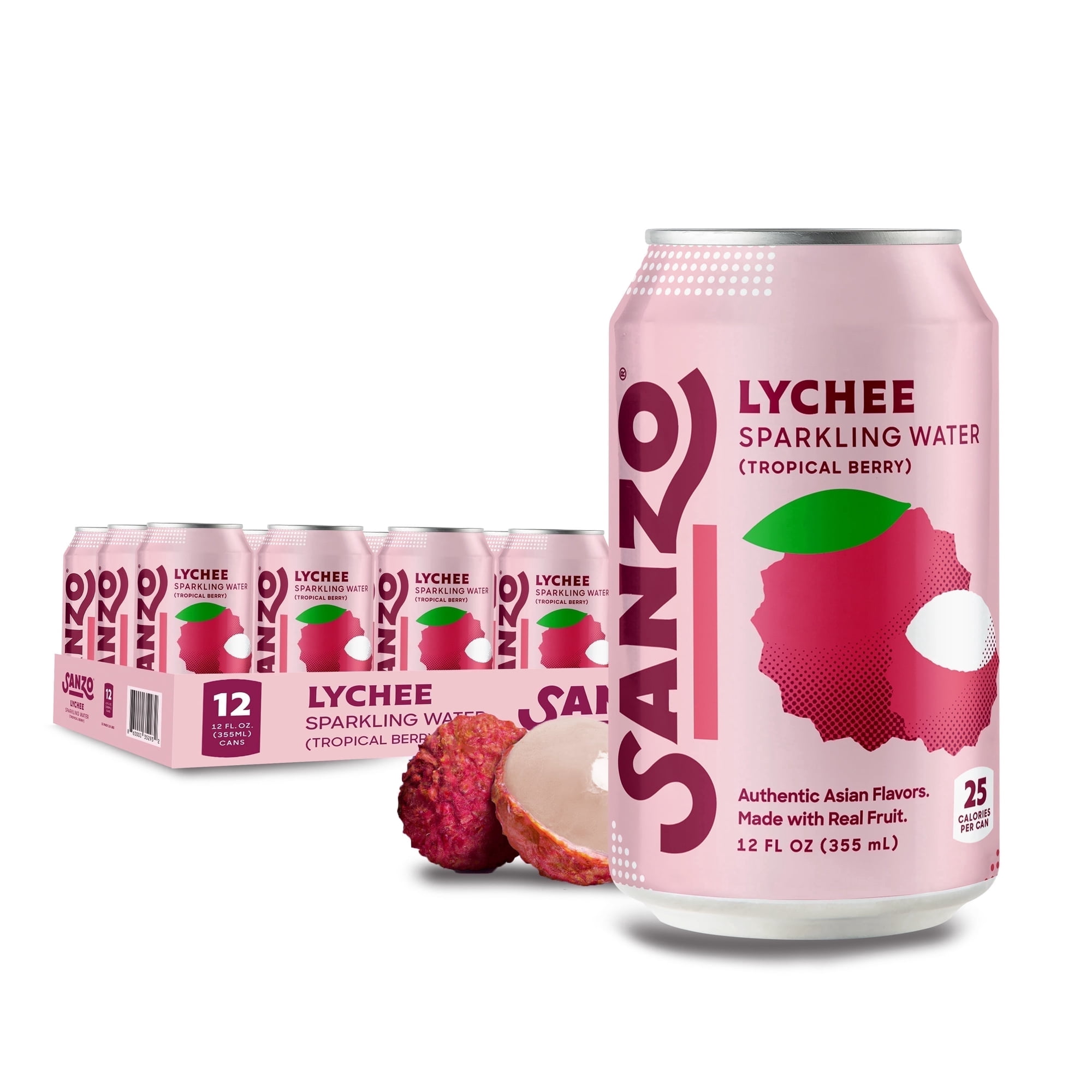 Sanzo Lychee Tropical Berry Flavored Sparkling Water, 12 fl oz, 12 Pack Cans, Vegan, Low Calorie
