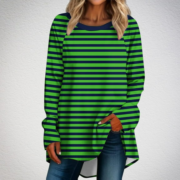 Yuwull Women Tops Striped Long Sleeve Casual Tunic Round Neck Tops Loose Blouse Shirt Pullover