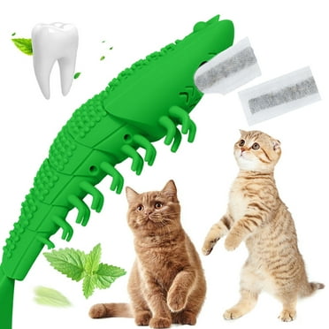 Cat Toothbrush Catnip Toy Protect Teeth Cat Interactive Toothbrush Chew Toy 100% Natural Rubber Durable Elastic Rubber Bionic Animal Shape (1-Pack Green)