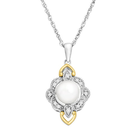 Duet Freshwater Pearl and 1/10 ct Diamond Pendant Necklace in Sterling Silver and 14kt Gold