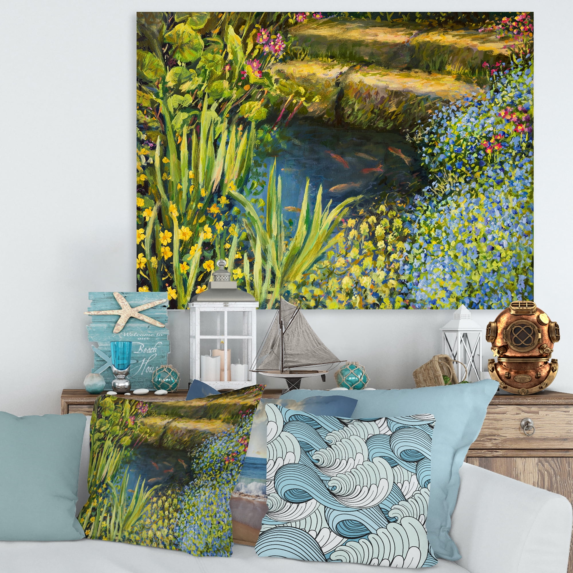 Designart ' Colorful Silence Flowers At The Lake Side ' Lake House Canvas Wall Art Print