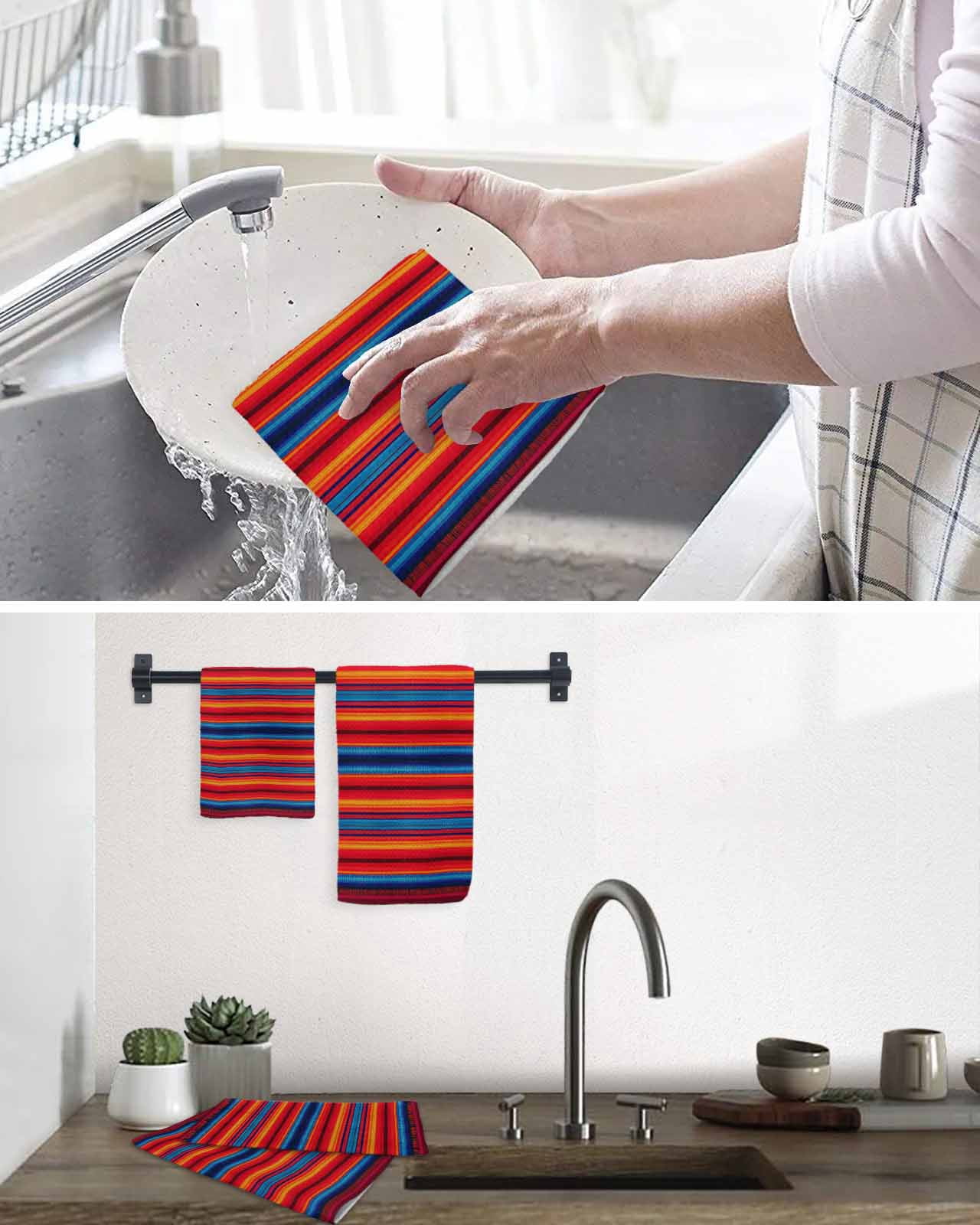 Colorful Striped Kitchen Dish Towels for Drying Dishes Set of 4, Farmhouse Modern Rainbow Lines Art Waffle Weave Microfiber Terry Hand Tea Bathroom Towels Quick Dry & Absorbent Towel 12x12