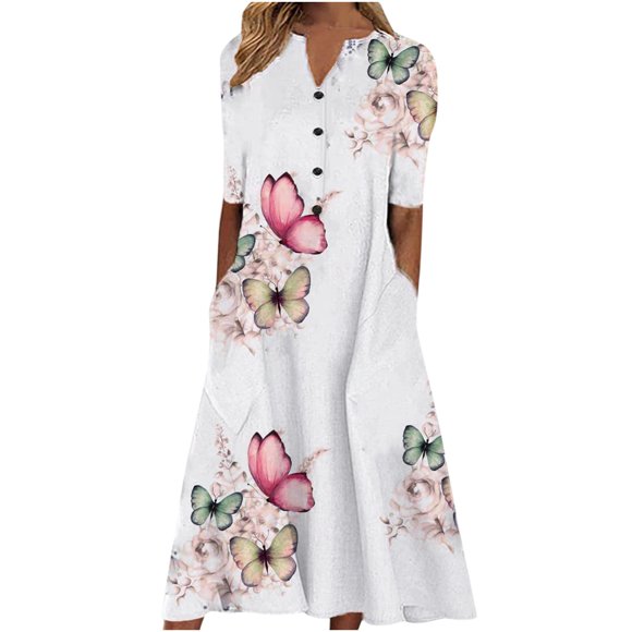 FAVIPT Dress for Women Elegant Boho Floral Print Dress Short Sleeve Vneck Button Up Dresses Casual Fashion Summer 2025 Dress with Pockets Pink,XXL