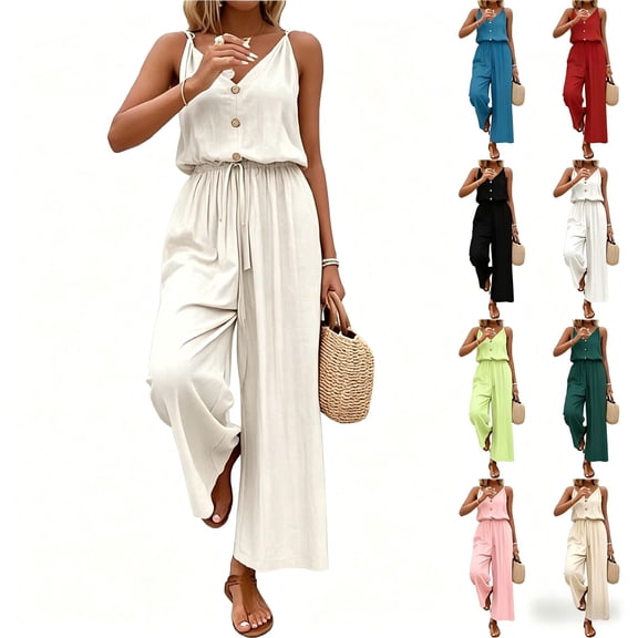 Tqcoqu Womens Jumpsuit Trendy Summer Casual Wide Leg Pants Sleeveless V Neck Elegant One Piece Outfit,Beige,Women's S-XXL