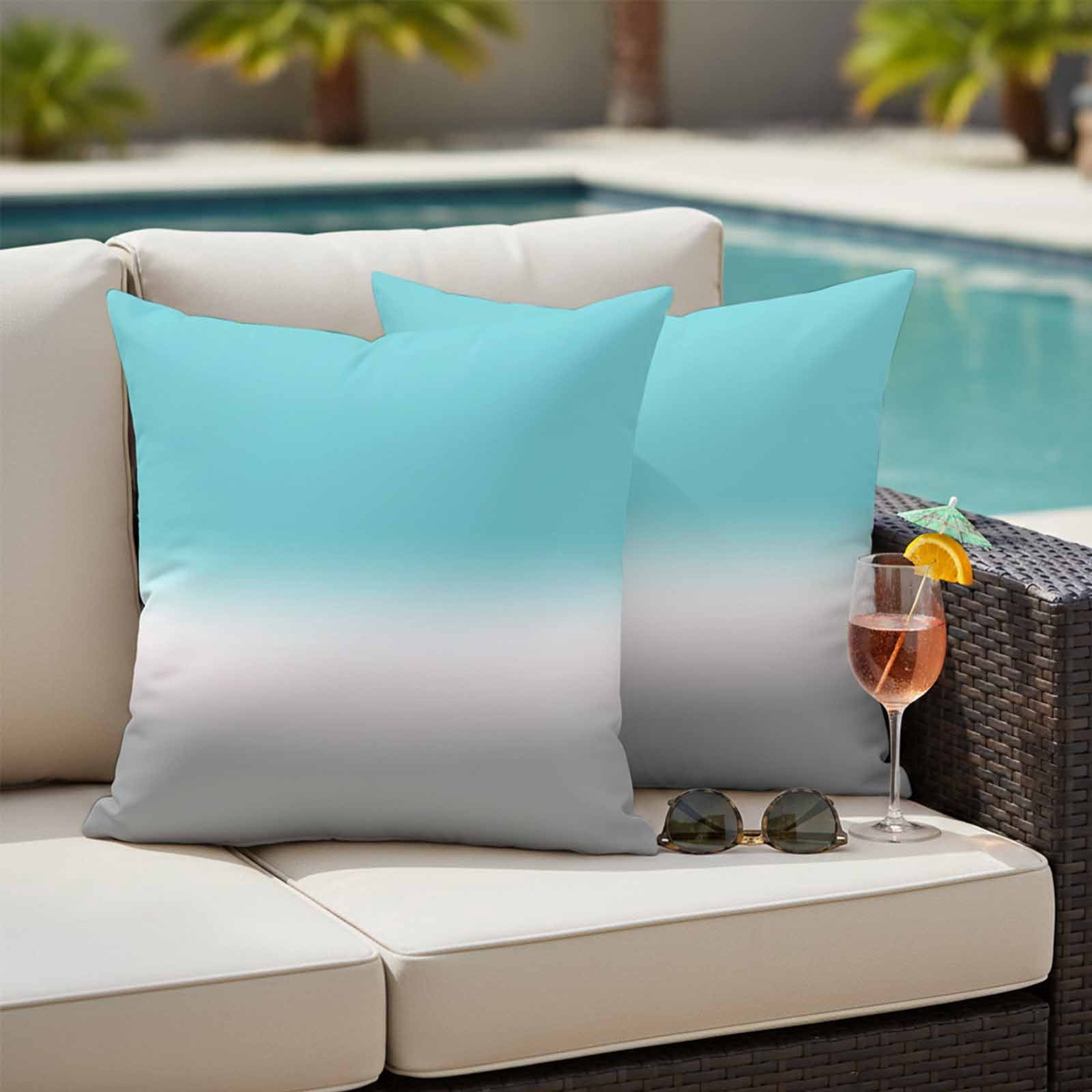 Outdoor Waterproof Pillow Covers Teal to Gray Gradient Decorative Throw Pillow Protectors,Pillowcase Cushion Cases for Patio Sofa Garden Couch,16x16in,Pack of 2