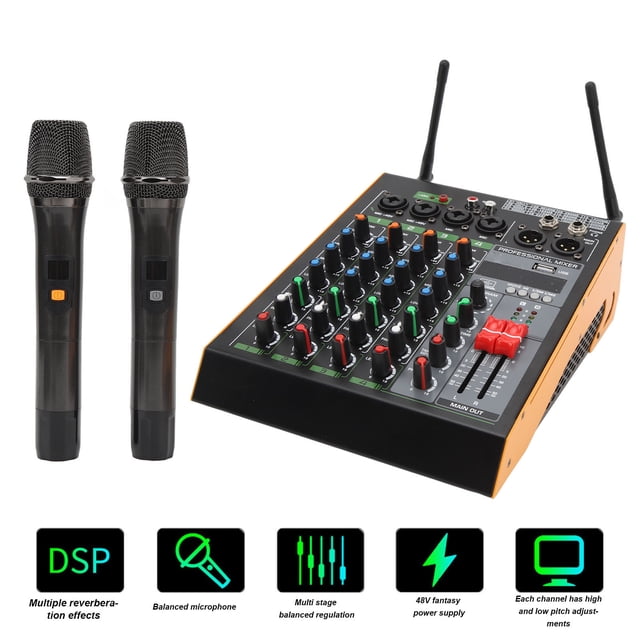 Mezclador De Sonido De 4 Canales, Soporte BT Mezclador De 4 Canales Múltiples Efectos De Reverberación Con Micrófonos Inalámbricos Duales Para Actuaciones En Escenario