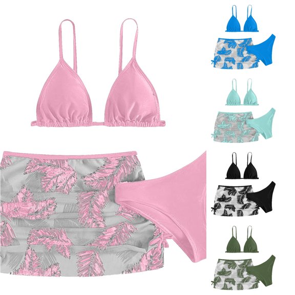 NAFUU Girl'S 3 Piece Swimsuits Solid Color Bikini Sets With Tropical Printed Mesh Skirt Bathing Suit Girls Bikini Swimsuit Summer Beach Swimwear Set 9-10 Years
