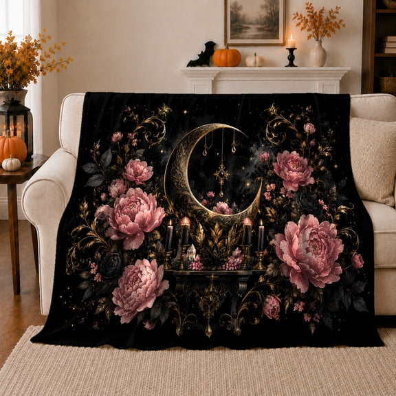 Gold Crescent Moon Altar Black Candles Pink Peonies, Mystical Celestial Art Scene, Warm Flannel Blanket for Sunroom and Reading Nook, Celestial Art Lovers Valentine's Day Gift, Fantasy Home Decor