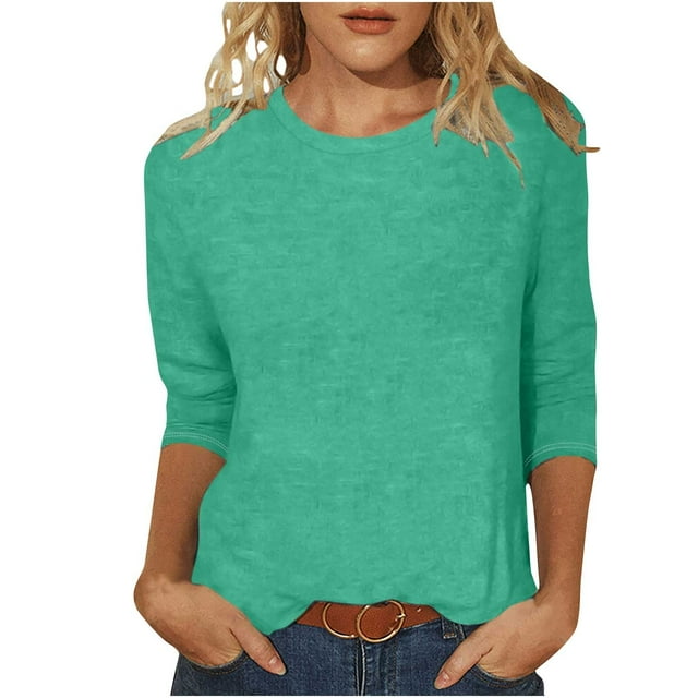 Admvng Blouses pour Femmes Chic Décontracté Col Rond Manches 3/4 T-shirt Ample Basique Hauts pour Femmes P-2TG